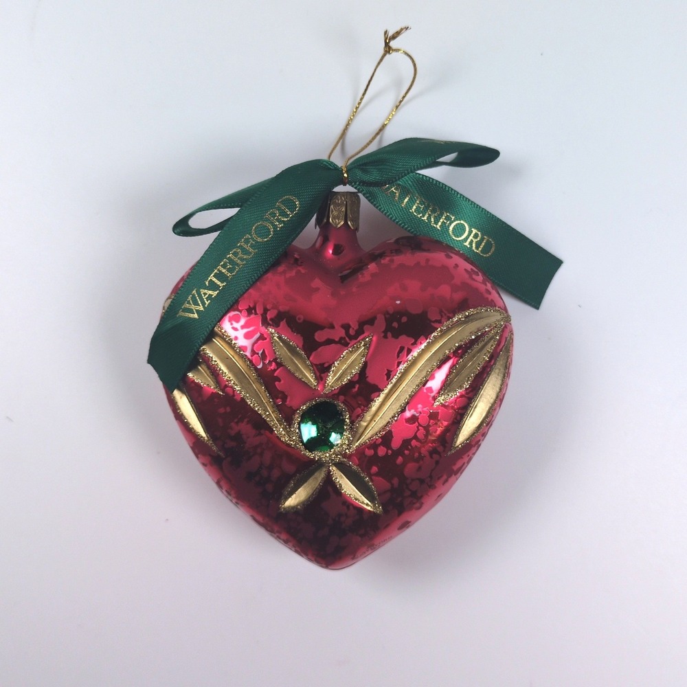 Vtg 90s Waterford ASHLING Heart Ornament Red Glass Gold Glitter Green Jewel